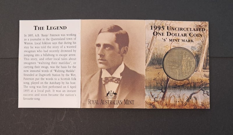 AUSTRALIA 1995 Waltzing Matilda (Swagman) $1 coin in folder (Sydney) UNC Carousel 1
