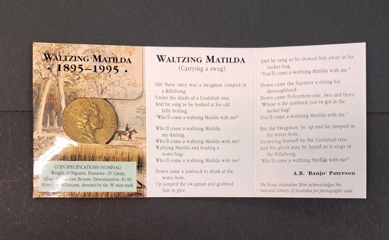 AUSTRALIA 1995 Waltzing Matilda (Swagman) $1 coin in folder (Melbourne) UNC Carousel 3