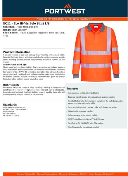 6pcs Portwest EC11 Eco Hi Vis Polo Long Sleeve Shirt Orange Bulk Work Safety ... Carousel 2