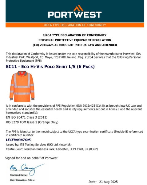 6pcs Portwest EC11 Eco Hi Vis Polo Long Sleeve Shirt Orange Bulk Work Safety ... Carousel 7