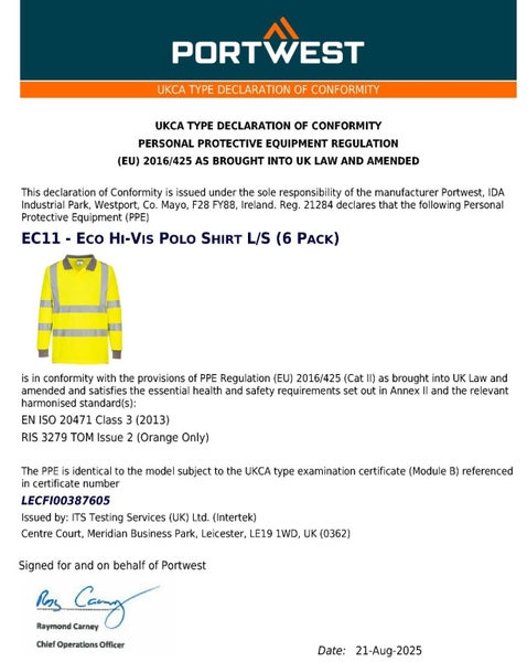 6pcs Portwest EC11 Eco Hi Vis Polo Long Sleeve Shirt Yellow Bulk Work Safety ... Carousel 7