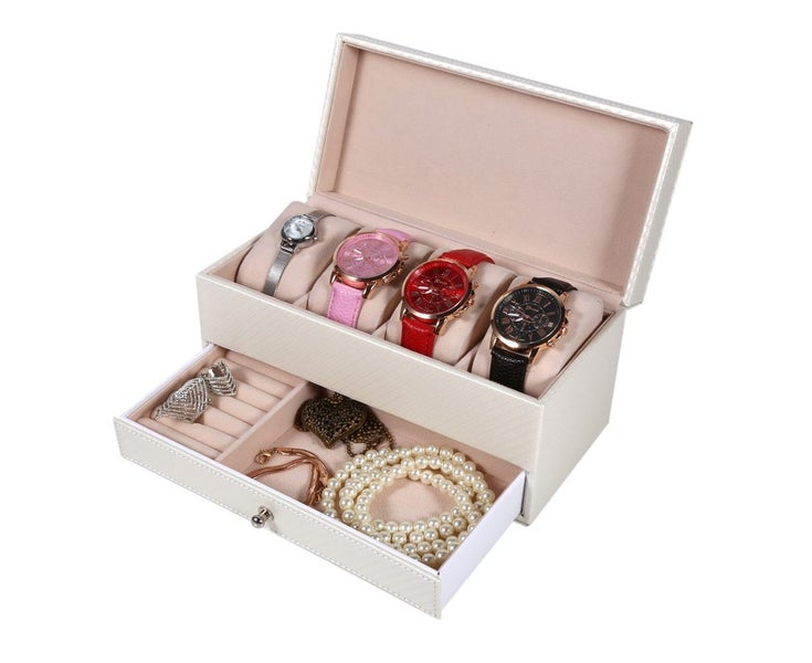 High Grade 4 Slot Leather Watch Storage Box Case With Drawer Jewelry Organize Carousel 5
