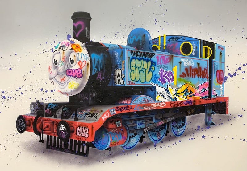 Framed $1 RESERVE 1 Panel Canvas Art Print - Banksy -Thomas Tank Engine Carousel 1