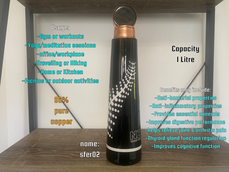 Pure Copper Water Bottle 1L – Ayurvedic NZ Fern Design -Leak Proof Carousel 2