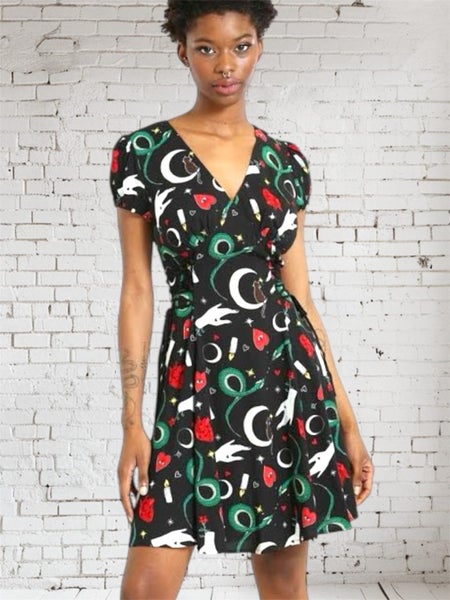 Hell Bunny Good Fortune Wrap Dress Size 4XL Black Gothic Print Retro Viscose