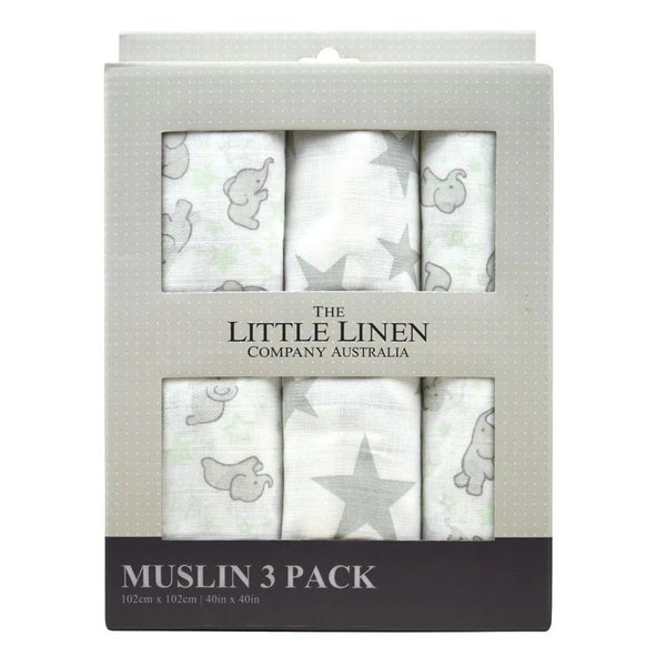 The Little Linen Company - Muslin Baby Wrap 3 Pack - Mint Elephant Carousel 1