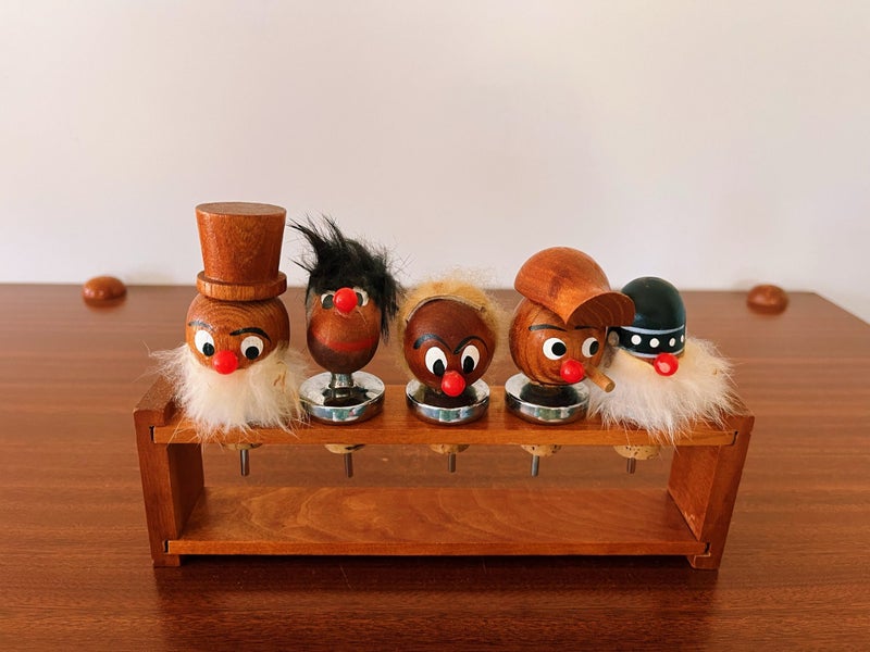 Vintage Mid Century Teak Danish Bottle Stoppers And Holder Carousel 1