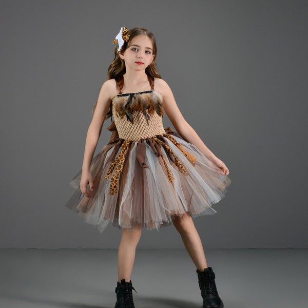 size L (6-7 years) Girls Halloween dress, Children's Jungle Princess Dress Carousel 1