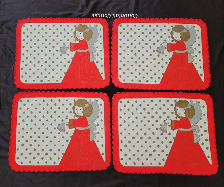 Set of Four Vintage Christmas Placemats Table Mats Angels Carousel 2