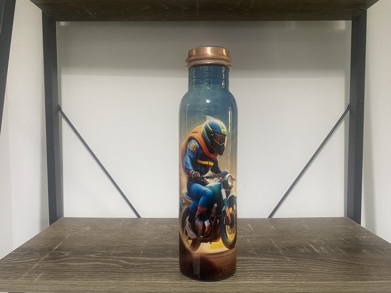 Pure Copper Water Bottle 1L Ayurvedic Handmade Motorbike Rider Design Carousel 1