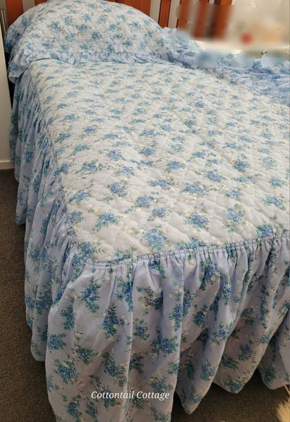 Retro Quilted Bedspread Single Shabby Chic Blue Floral Carousel 1