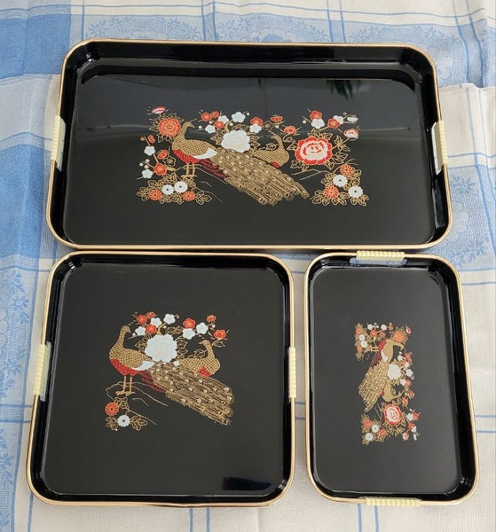 Vintage Toyo Japanese Lacquer Ware Serving Tray Set Golden Peacock Carousel 1