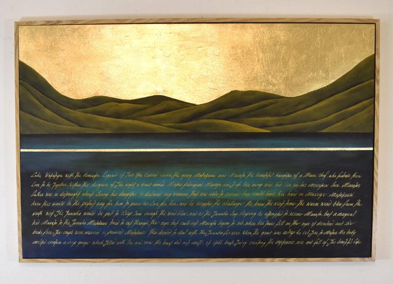 THE MAORI LEGEND OF LAKE WAKATIPU - GOLD LEAF - FLOATING FRAME - LARGE Carousel 1
