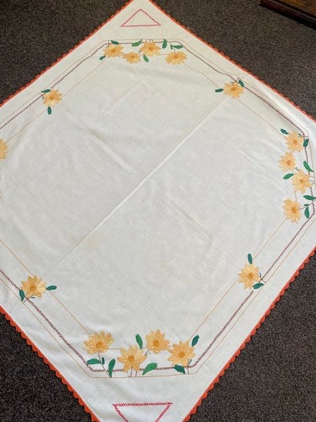 A lovely retro colours hand embroidered Vintage Irish Linen Tablecloth ! Carousel 5
