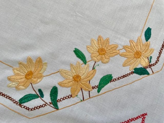 A lovely retro colours hand embroidered Vintage Irish Linen Tablecloth ! Carousel 2
