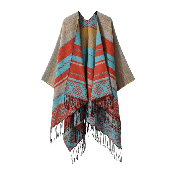 Elosung Blue Orange Palindrome Fringe Bohemian Shawl Cloak - 160 X 135 Cm Ethnic Carousel 1