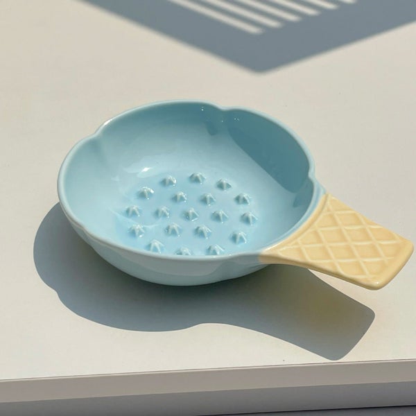 Elosung Blue And Yellow Adorable Ice Cream Cone Ceramic Slow Feeder Pet Bowl Fun Carousel 1
