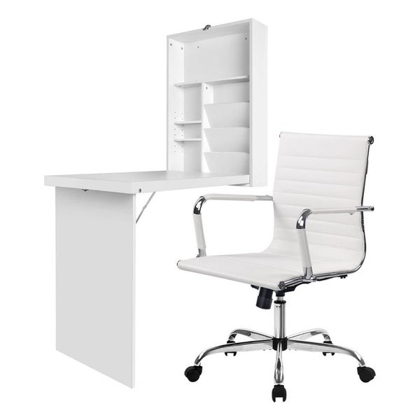 Artiss Computer Desk Office Chair Set Pu Leather Wall Mount Foldable Table White Carousel 1