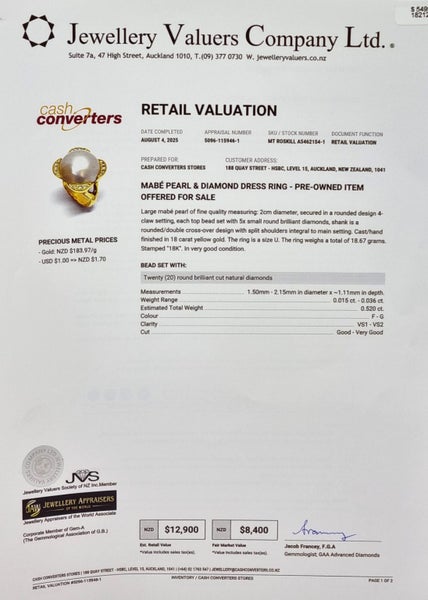 Valued $12,900 18ct Yellow Gold Mabe Pearl & Diamond Dress Ring Carousel 5