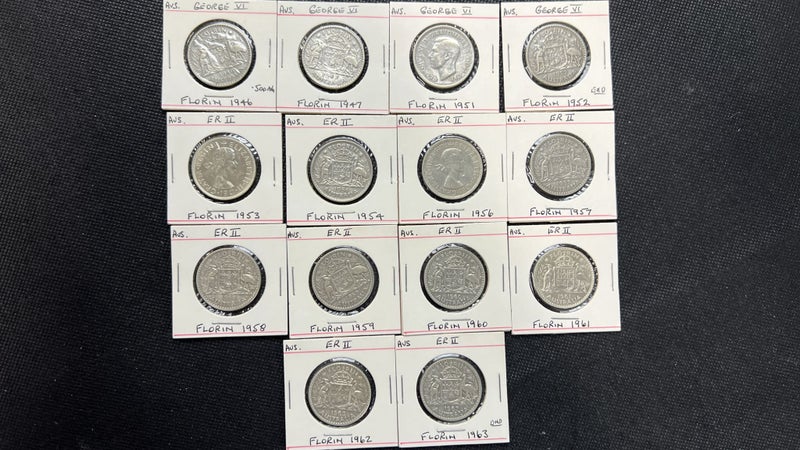 Australian One Florin Silver Coins Date Run 1946-1963 - Lot E983 Carousel 1