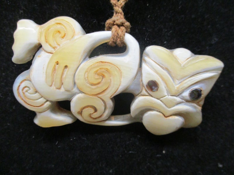 PQ8 556 - Horn Carved Tiki - Paua Eyes - Adjustable Rope Necklace Carousel 2