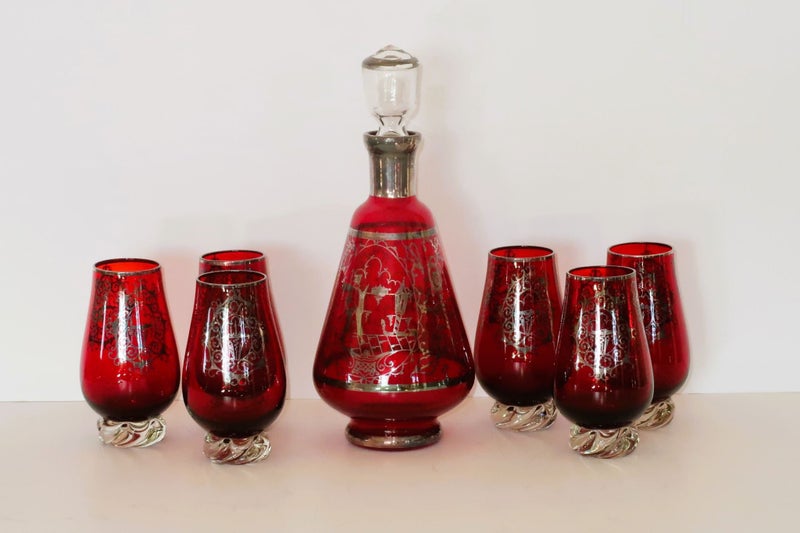 ***FABULOUS RED DECANTER SET WITH STERLING SILVER OVERLAY ITALY*** Carousel 1