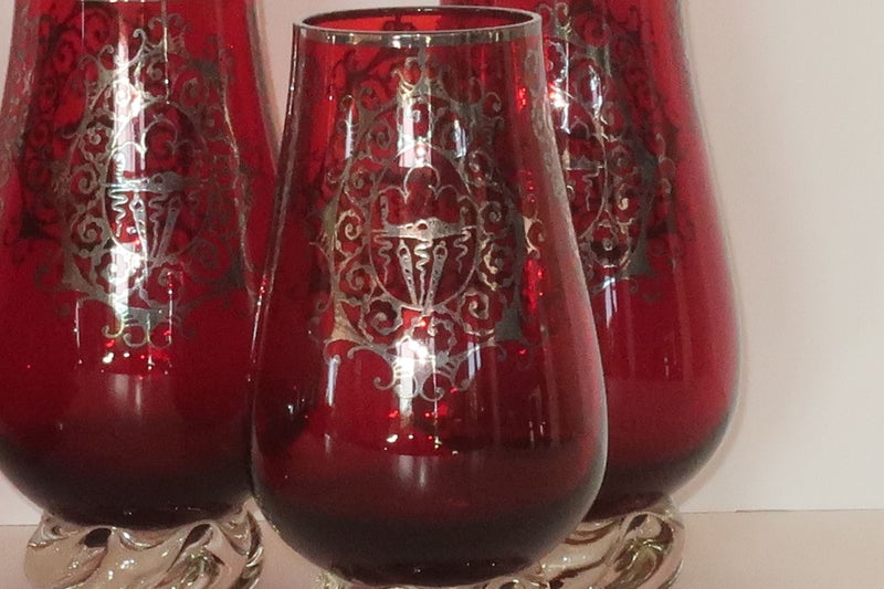 ***FABULOUS RED DECANTER SET WITH STERLING SILVER OVERLAY ITALY*** Carousel 2
