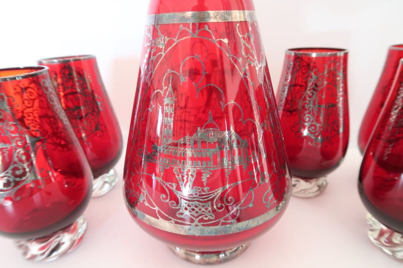 ***FABULOUS RED DECANTER SET WITH STERLING SILVER OVERLAY ITALY*** Carousel 6