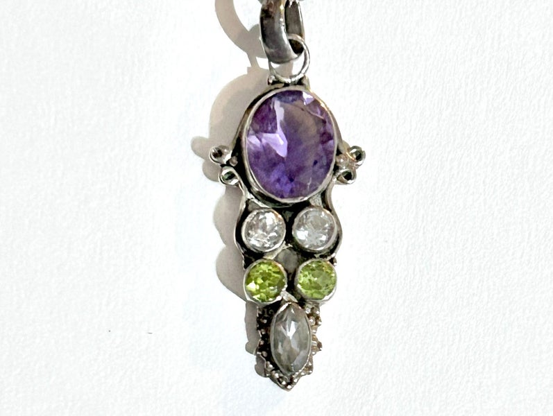 Vintage amethyst peridot & gemstone stg sil mount 925 chain necklace Carousel 2