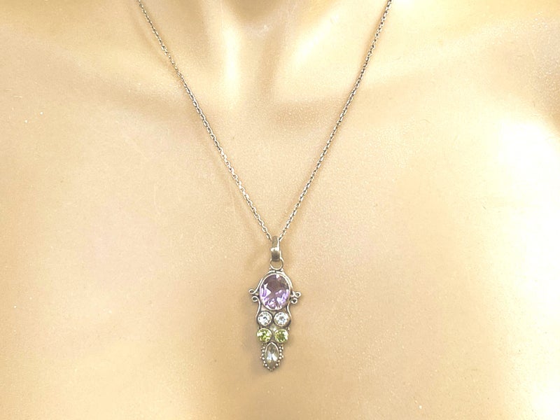 Vintage amethyst peridot & gemstone stg sil mount 925 chain necklace Carousel 5