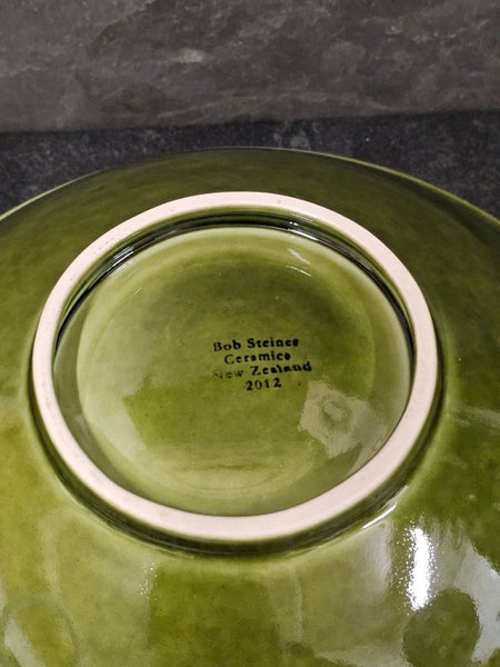 Bob Steiner Ceramicist NZ. Pounamu Green Silver Fern Motif Stackable Bowls. Trio Carousel 12