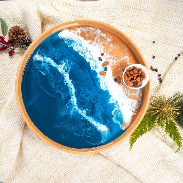 Lynn & Liana Round Bamboo Resin Serving Tray With Ocean Vibes Design And Durable Carousel 2