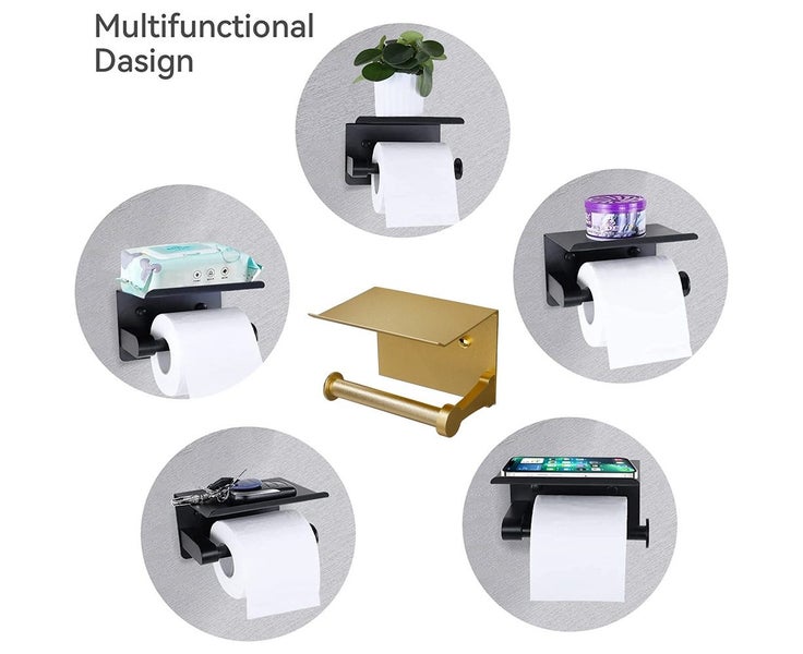 Self Adhesive Toilet Paper Holder with Phone Shelf Wall Mounted Toilet Paper Carousel 5