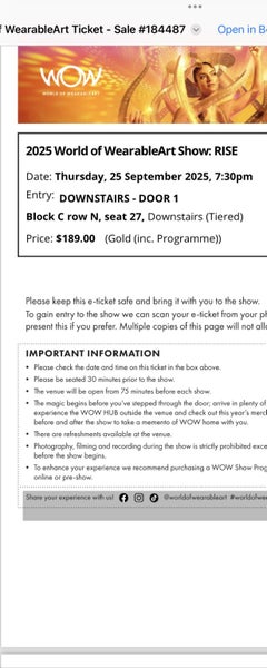 WOW Tickets 25th September GOLD x2 value $387 Carousel 1