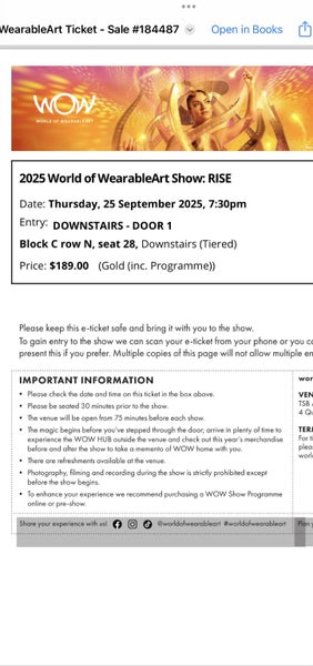 WOW Tickets 25th September GOLD x2 value $387 Carousel 2