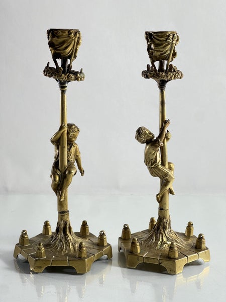 Antique French Gilt Bronze Figural Candle Holders – Climbing Children, Signed Carousel 1
