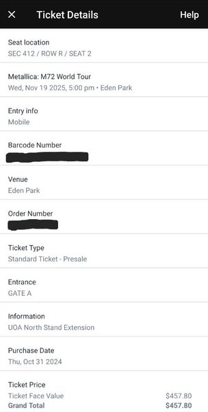 Metallica M72 World Tour Auckland Ticket 2x Seated Section 412 Carousel 7