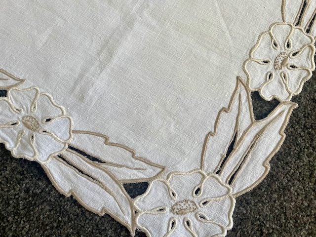 A lovely pure linen, heavily hand embroidered Vintage Linen Tablecloth Carousel 1
