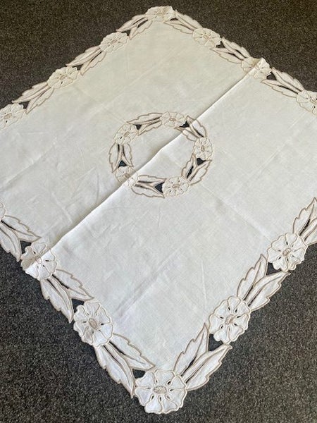 A lovely pure linen, heavily hand embroidered Vintage Linen Tablecloth Carousel 2