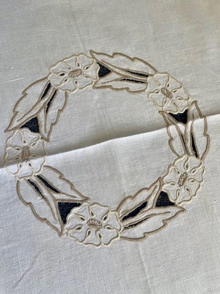 A lovely pure linen, heavily hand embroidered Vintage Linen Tablecloth Carousel 3