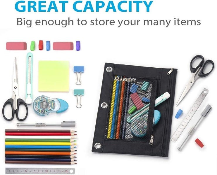 Binder Pouch, 2 Pack Pencil Pouch 3 Ring Fabric Pencil Pouches Black Pencil C Carousel 5