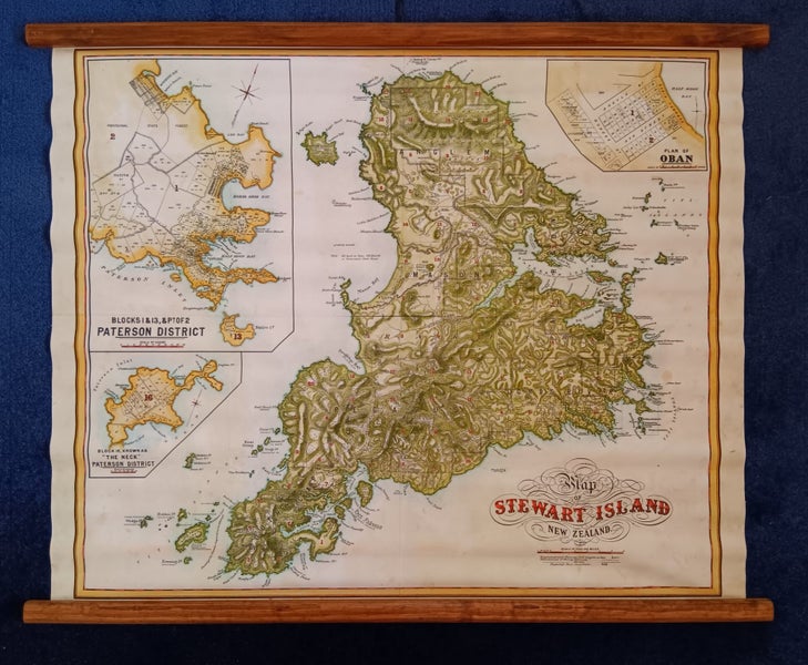 MAP OF STEWART ISLAND, NEW ZEALAND.WALL MAP with WOODEN BATONS. c1940. Carousel 1