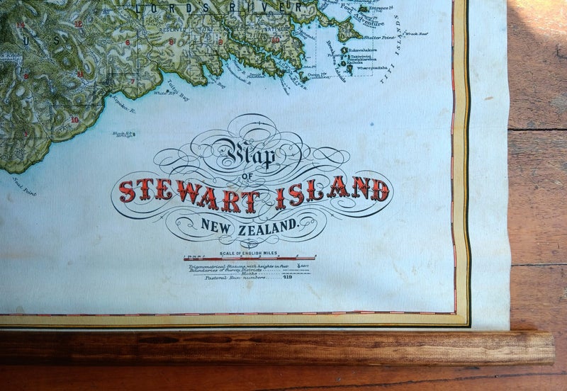 MAP OF STEWART ISLAND, NEW ZEALAND.WALL MAP with WOODEN BATONS. c1940. Carousel 2