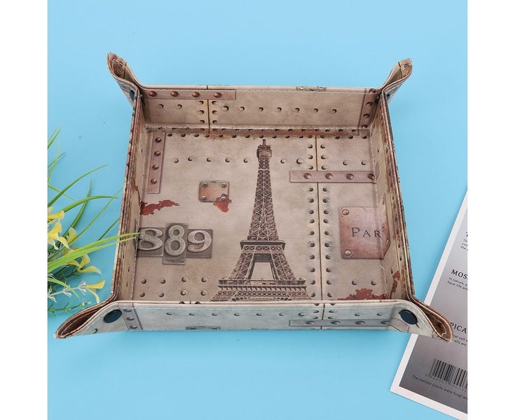 Square Foldable PU Leather Nuts Seeds Key Remote Control Candy Storage Tray(2 Carousel 2