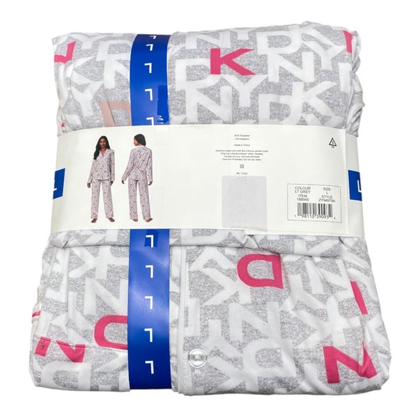 DKNY Women's 2 Piece Notched Collar Pyjama Set - Light Grey SIZE - Large Carousel 2