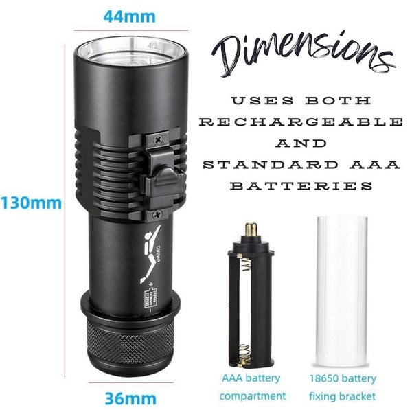 Scuba Divers Flashlight - 50m Deep - Rechargeable - Magnetic Switch - Lanyard Carousel 7