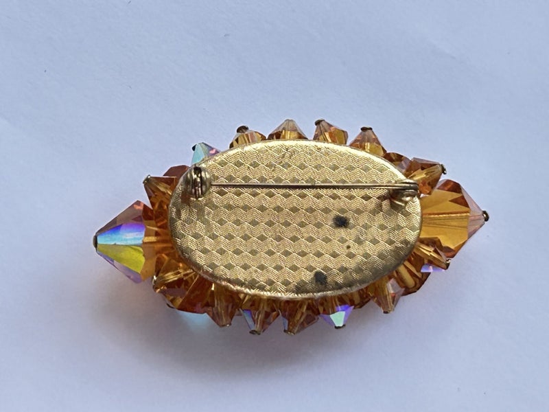 Vintage Austrian Crystal & art glass cabochon brooch maybe Vaseline glass Carousel 2