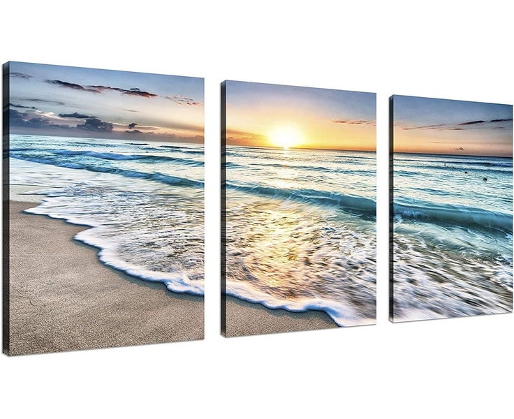 3 Panel Beach Canvas Wall Art for Home Decor Blue Sea Sunset White Beach Pain Carousel 1