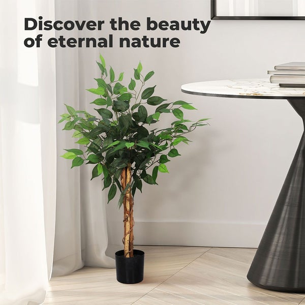 Lambu 90cm Artificial Ficus Tree Tropical Fake Plants Green Natural Wood Trunk Carousel 2