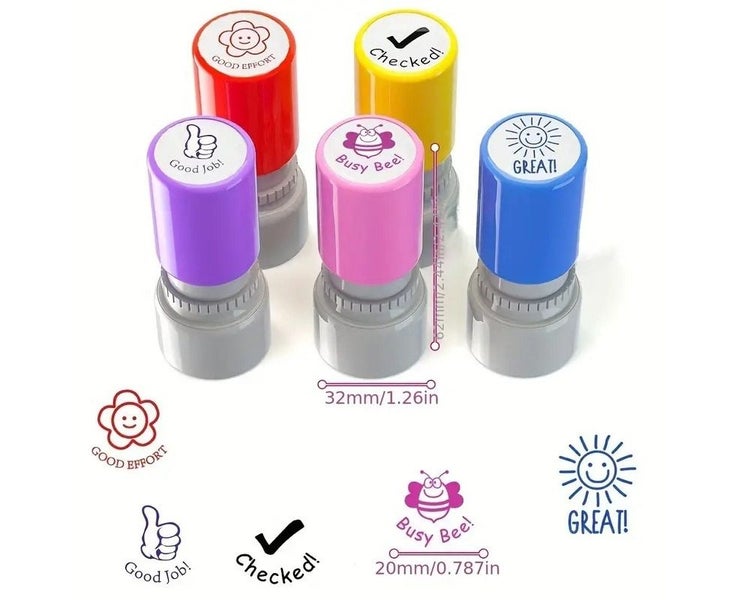 5-Piece Self-Inking Round Teacher Stamp Set, Assorted Colorful Plastic Body, Carousel 1